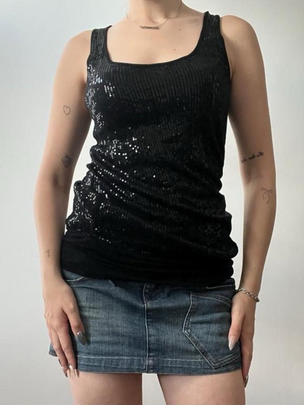Size Small Black Dynamite Scoop Neck Y2K Sequin Tank Top/Mini Micro Dress